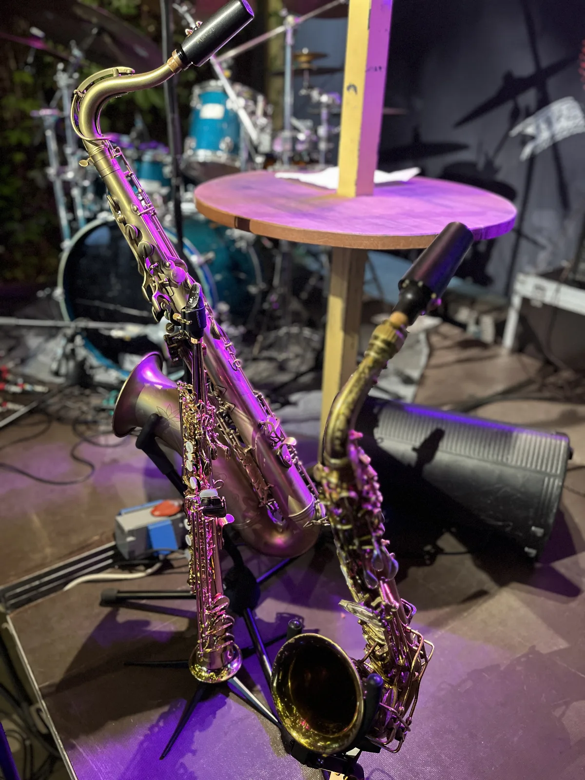 My tenor, alto and soprano saxophone on the stage at the Jumpru Pu